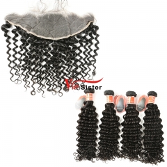 #1b Malaysian Virgin Human Hair Bundle with 13X4 Frontal Deep Curly