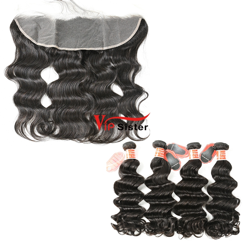 #1b Indian Virgin Human Hair Weft with 13X4 Frontal Ocean Wave