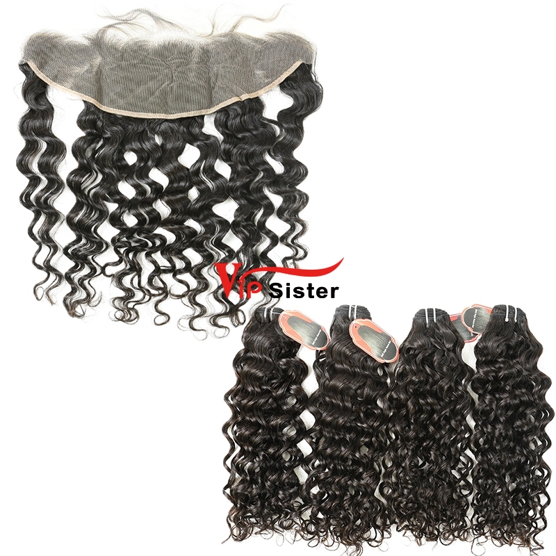 #1b Indian Virgin Human Hair Weft with 13X4 Frontal Italy Curly