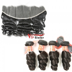 #1b Virgin Peruvian Human Hair Weft with 13x4 Frontal Loose Wave