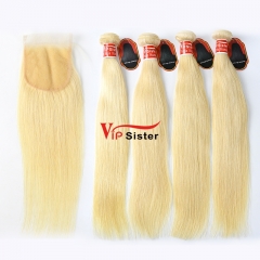 Blonde #613 European Raw Hair 4X4 Lace Closure With Hair Bundle Straight