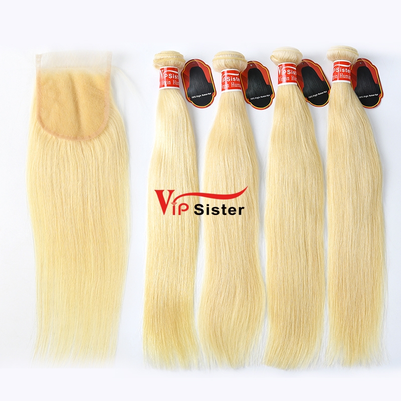 Blonde #613 European Raw Hair 4X4 Lace Closure With Hair Weave Straight