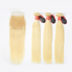 Blonde #613 European Virgin Hair 4X4 Lace Closure With Hair Weft Straight