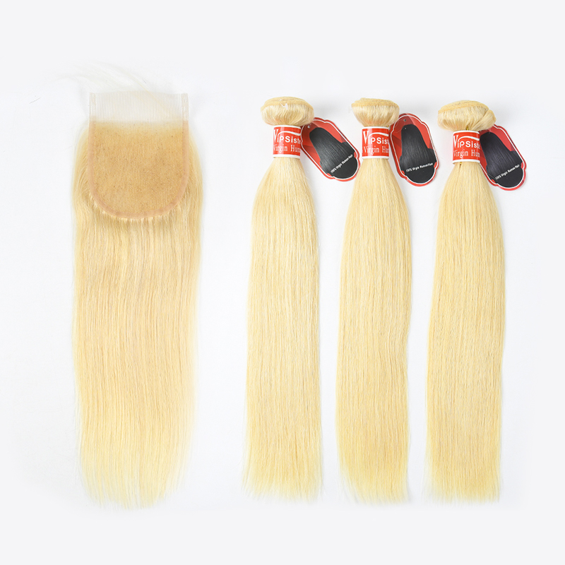 Blonde #613 European Virgin Hair 4X4 Lace Closure With Hair Weave Straight