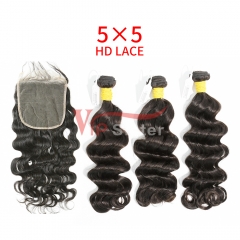 HD Lace Raw Human Hair Bundle with 5X5 Closure Ocean Wave