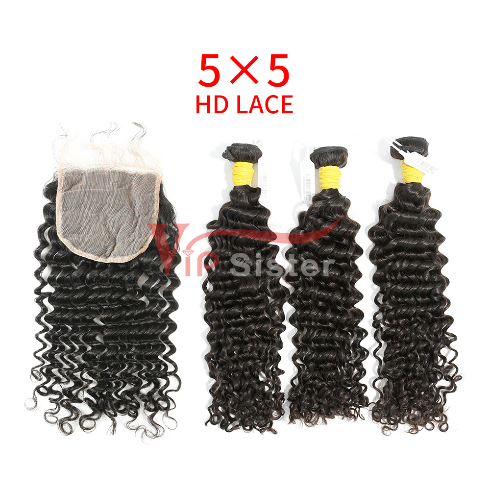 HD Lace Raw Human Hair Bundle with 5X5 Closure Deep Curly