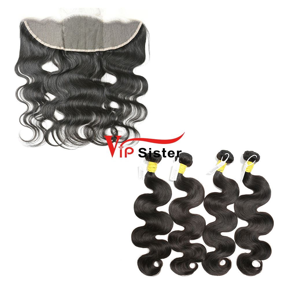 #1b Brazilian Raw Human Hair Weft with 13×4 Frontal Body Wave