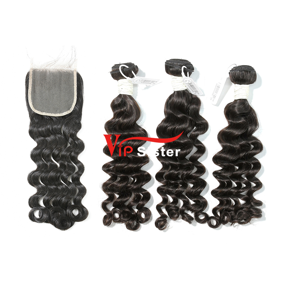 #1b Brazilian Virgin Human Hair Weft with 4x4 Closure Deep Wave