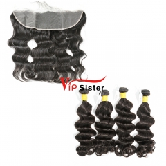 #1b Brazilian Raw Human Hair Weft with 13×4 Frontal Ocean Wave