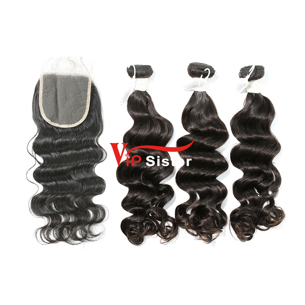 #1b Brazilian Virgin Human Hair Weft with 4x4 Closure Ocean Wave