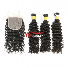 #1b Brazilian Raw Human Hair Weft with 5×5 Closure Deep Curly