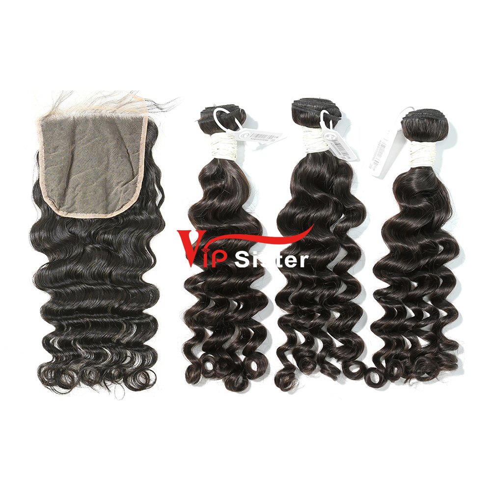 #1b Brazilian Virgin Human Hair Weft with 5×5 Closure Deep Wave