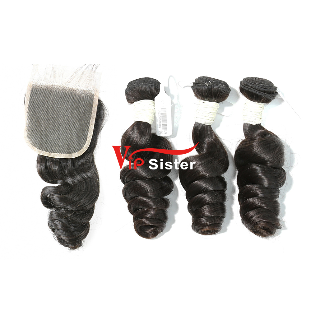 #1b Brazilian Virgin Human Hair Weft with 4x4 Closure Loose Wave