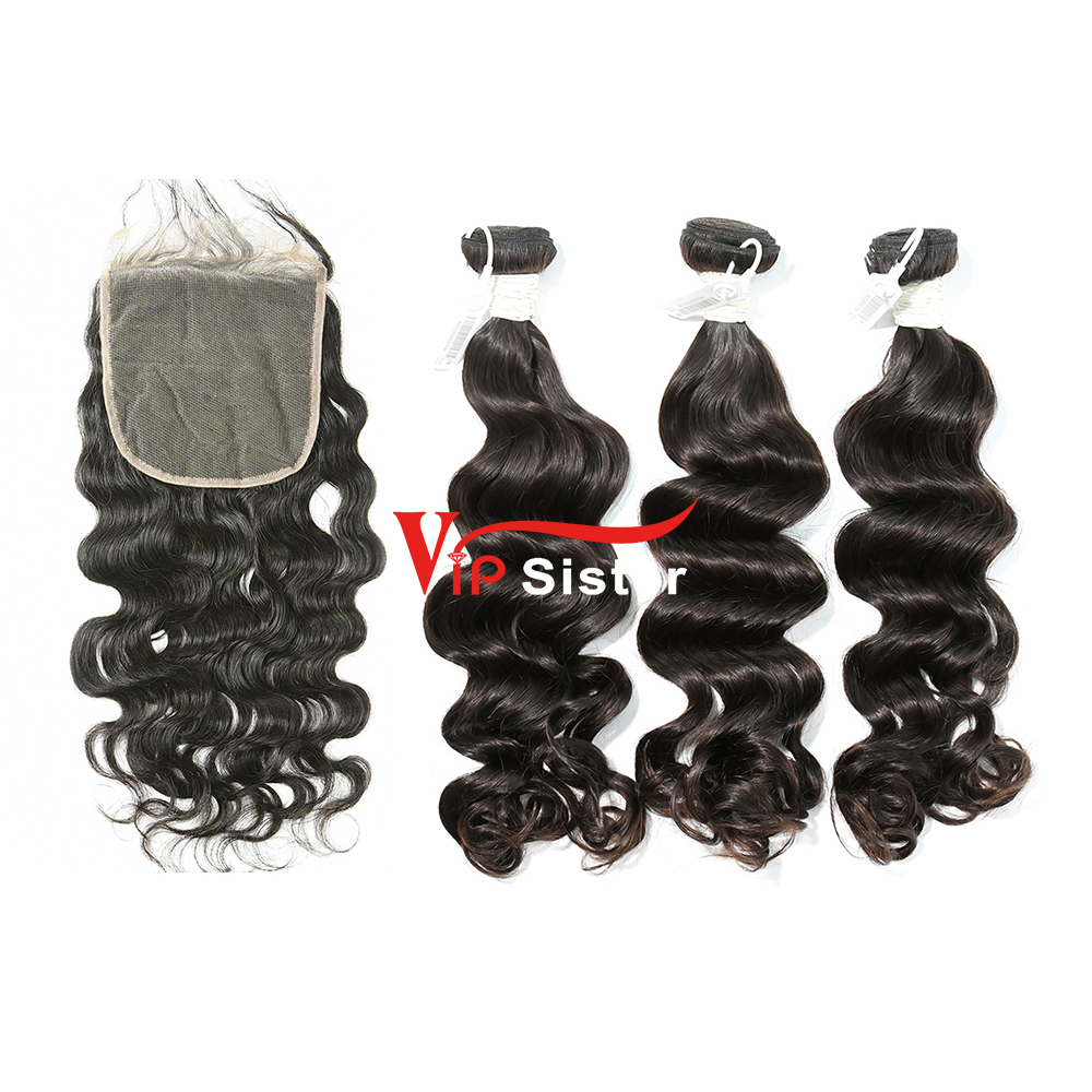 #1b Brazilian Virgin Human Hair Weft with 5×5 Closure Ocean Wave