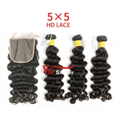 HD Lace Raw Human Hair Bundle with 5×5 Closure Deep Wave