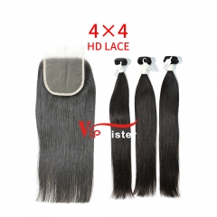 HD Lace Virgin Human Hair Bundle with 4×4 Closure Straight