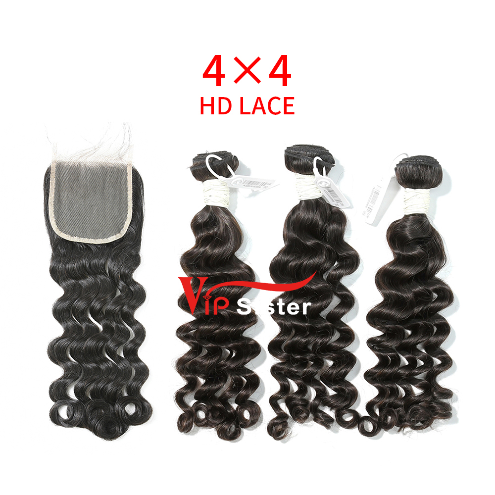 HD Lace Virgin Human Hair Bundle with 4×4 Closure Deep Wave