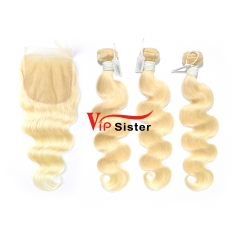 Blonde #613 European Virgin Human Hair 4X4 Lace Closure With Hair Weft Body Wave