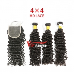 HD Lace Raw Human Hair Bundle with 4×4 Closure Deep Curly