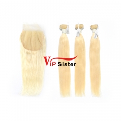 Blonde #613 European Virgin Human Hair 4X4 Lace Closure With Hair Weft Straight