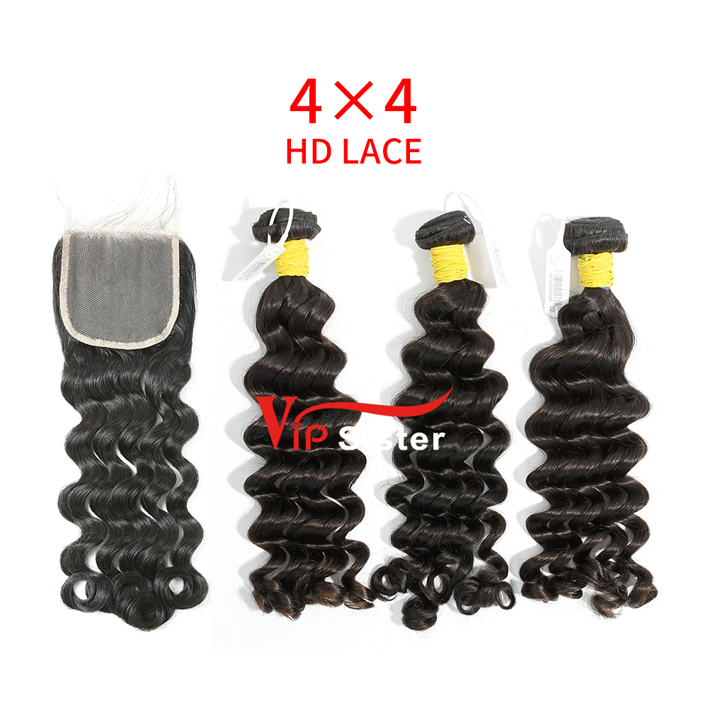 HD Lace Raw Human Hair Bundle with 4×4 Closure Deep Wave