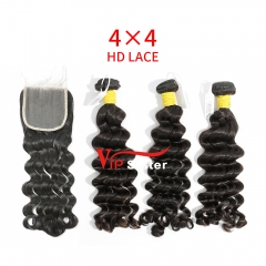 HD Lace Raw Human Hair Bundle with 4×4 Closure Deep Wave