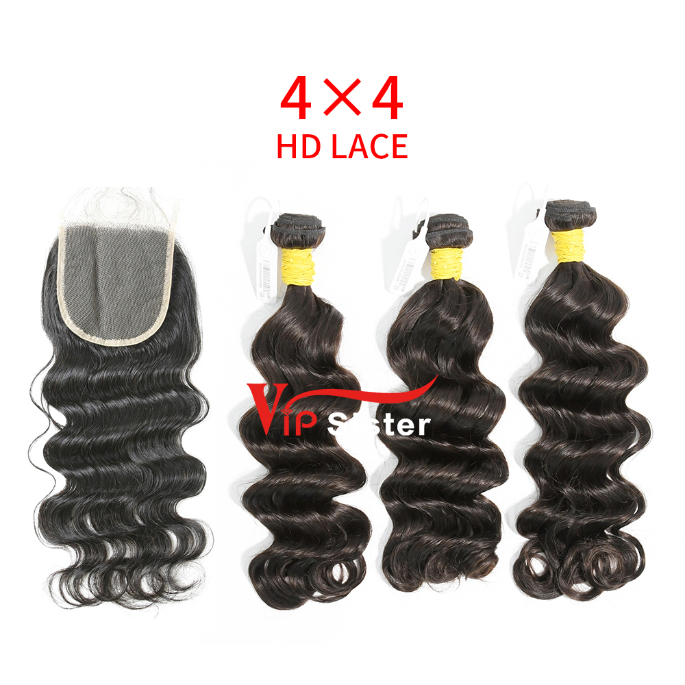 HD Lace Raw Human Hair Bundle with 4×4 Closure Ocean Wave