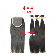 HD Lace Raw Human Hair Bundle with 4×4 Closure Straight