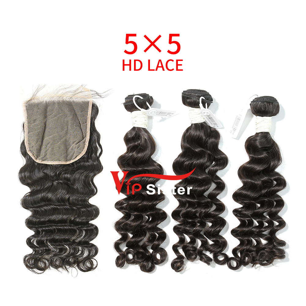 HD Lace Virgin Human Hair Bundle with 5X5 Closure Deep Wave