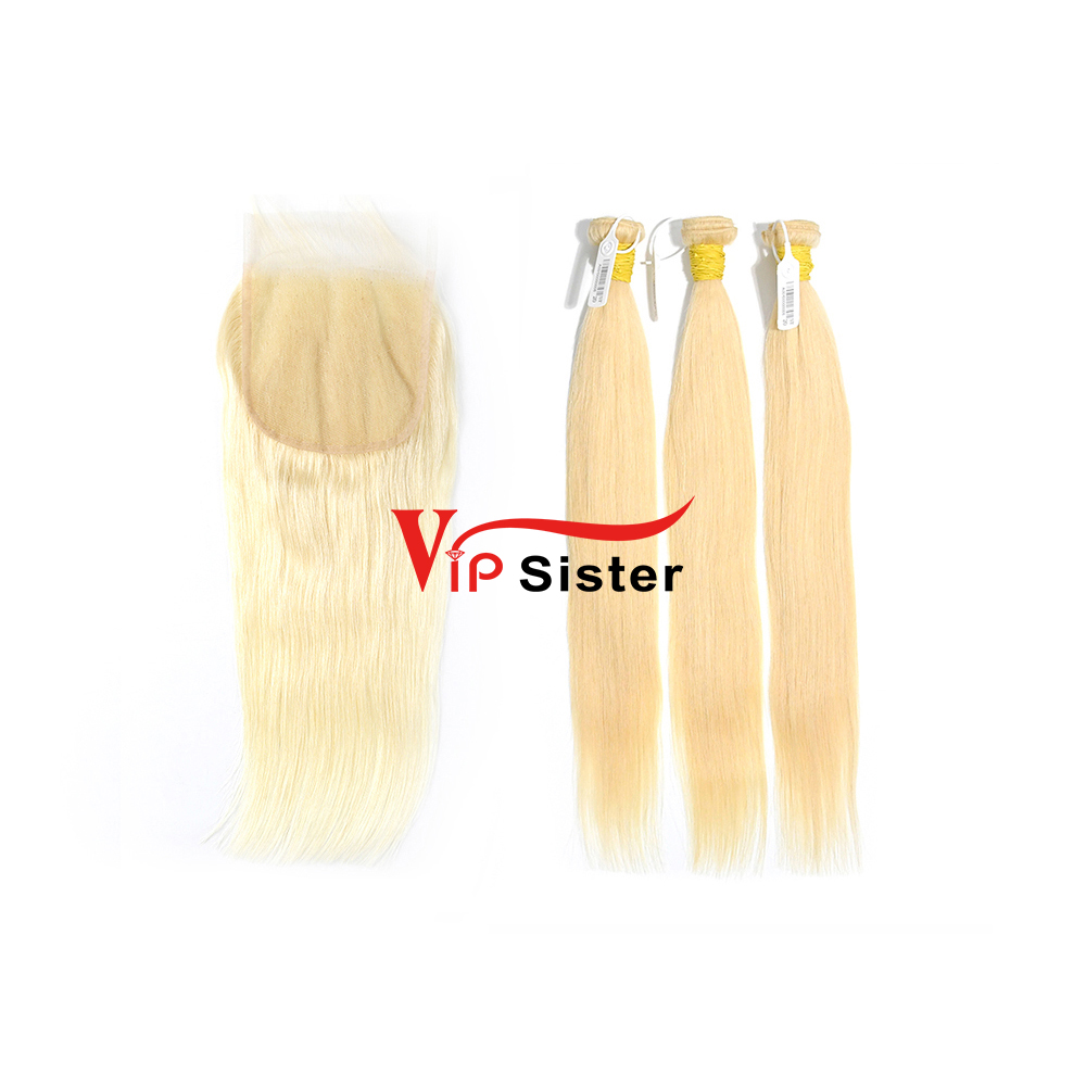 Blonde #613 European Raw Human Hair 5×5 Lace Closure With Hair Weft Straight