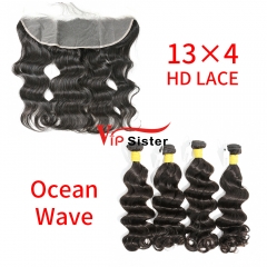 HD Lace Raw Human Hair Bundle with 13×4 Frontal Ocean Wave
