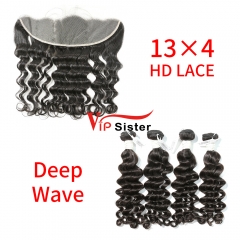 HD Lace Virgin Human Hair Bundle with 13×4 Frontal Deep Wave