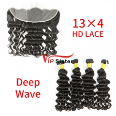 HD Lace Raw Human Hair Bundle with 13×4 Frontal Deep Wave