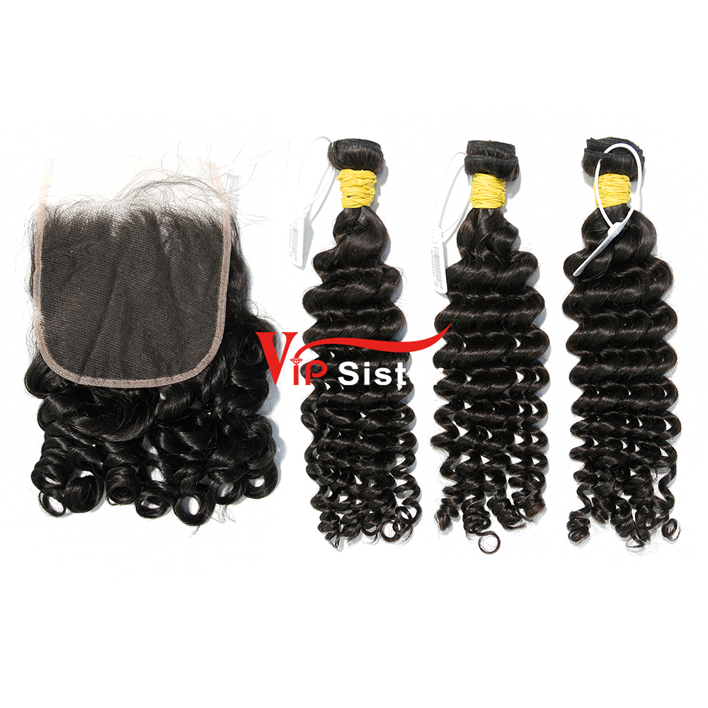 #1b Brazilian Raw Human Hair Weft with 5×5 Closure Deep Wave