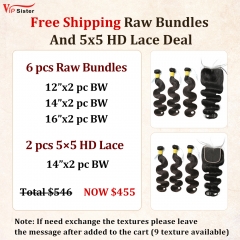 Vipsister 6PCS Raw Bundles And 2PCS 5×5 HD Lace Closure Deal Free Shipping
