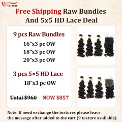 Vipsister 9PCS Raw Bundles And 3PCS 5×5 HD Lace Closure Deal Free Shipping