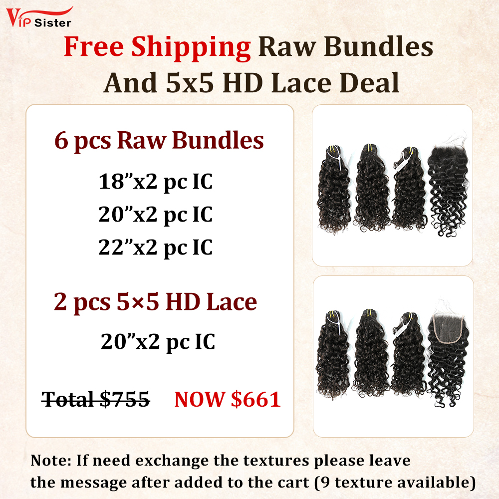 Vipsister 6PCS Raw Bundles And 2PCS 5×5 HD Lace Closure Deal Free Shipping