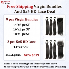 Vipsister 9PCS Virgin Bundles And 3PCS 5×5 HD Lace Closure Deal Free Shipping