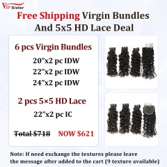 Vipsister 6PCS Virgin Bundles And 2PCS 5×5 HD Lace Closure Deal Free Shipping
