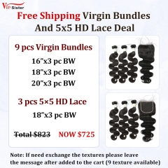 Vipsister 9PCS Virgin Bundles And 3PCS 5×5 HD Lace Closure Deal Free Shipping