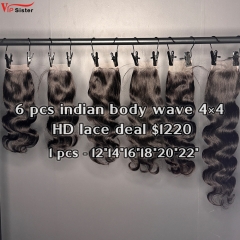Vipsister 6 pcs indian hair 4×4 hd closure total 367$ free shipping