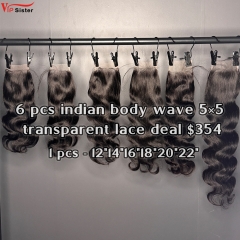 Vipsister 6 pcs indian hair 5×5 transparent closure total 354$ free shipping