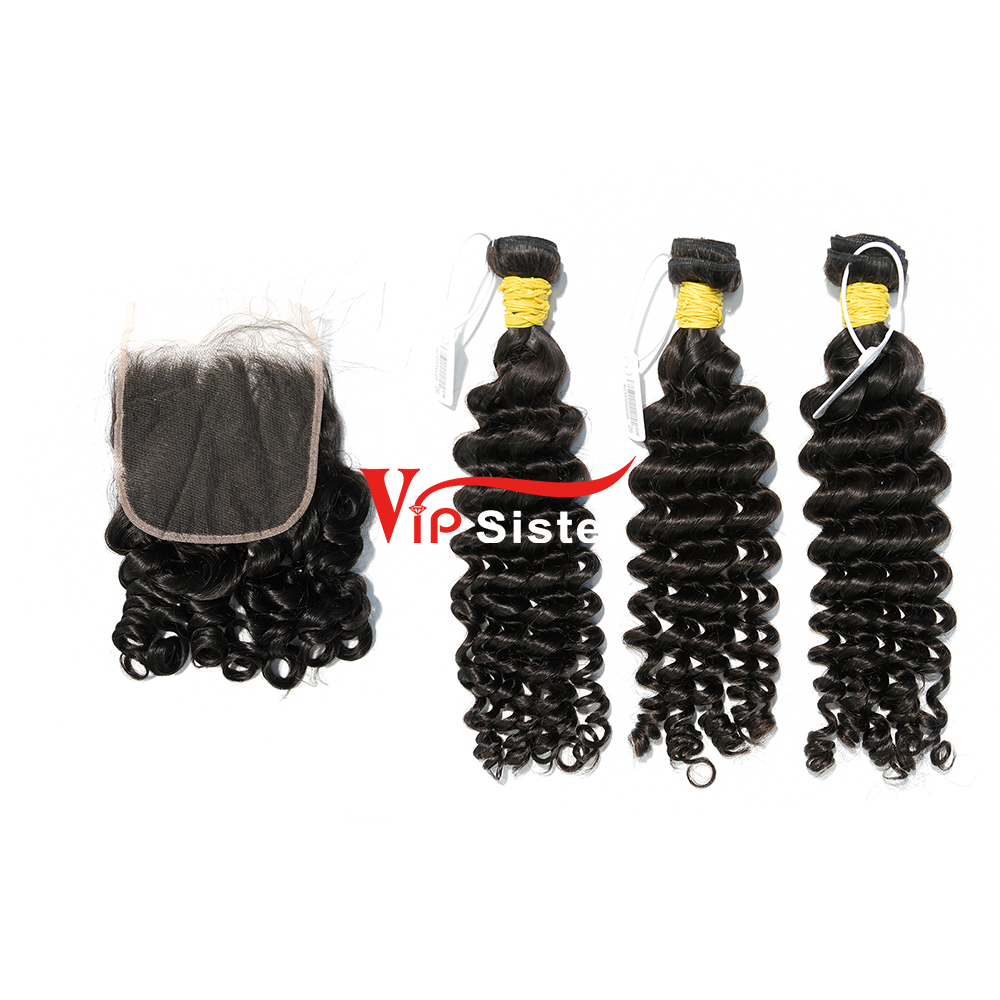 #1b Brazilian Raw Human Hair Weft with 4x4 Closure Deep Wave