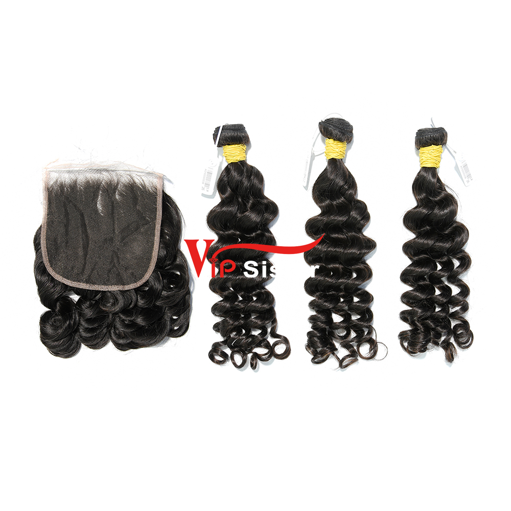 #1b Brazilian Raw Human Hair Weft with 4x4 Closure Loose Wave