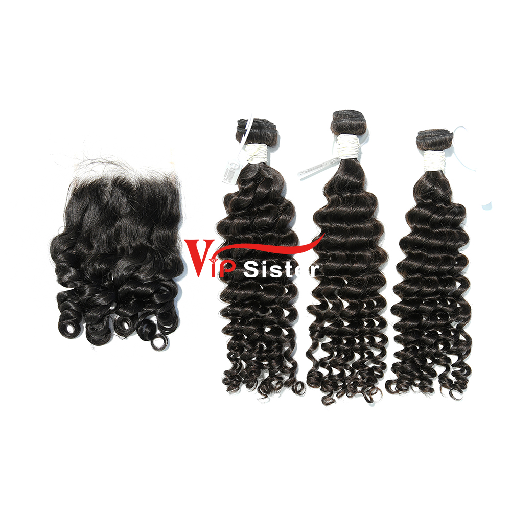 #1b Brazilian Virgin Human Hair Weft with 4x4 Closure Deep Wave