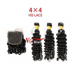 HD Lace Raw Human Hair Bundle with 4×4 Closure Deep Wave