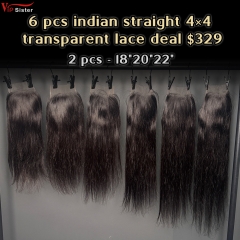 Vipsister 6 pcs indian hair 4×4 transparent closure total 329$ free shipping