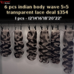Vipsister 6 pcs indian hair 5×5 transparent closure total 354$ free shipping
