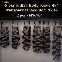 Vipsister 6 pcs indian hair 4×4 transparent closure total 286$ free shipping