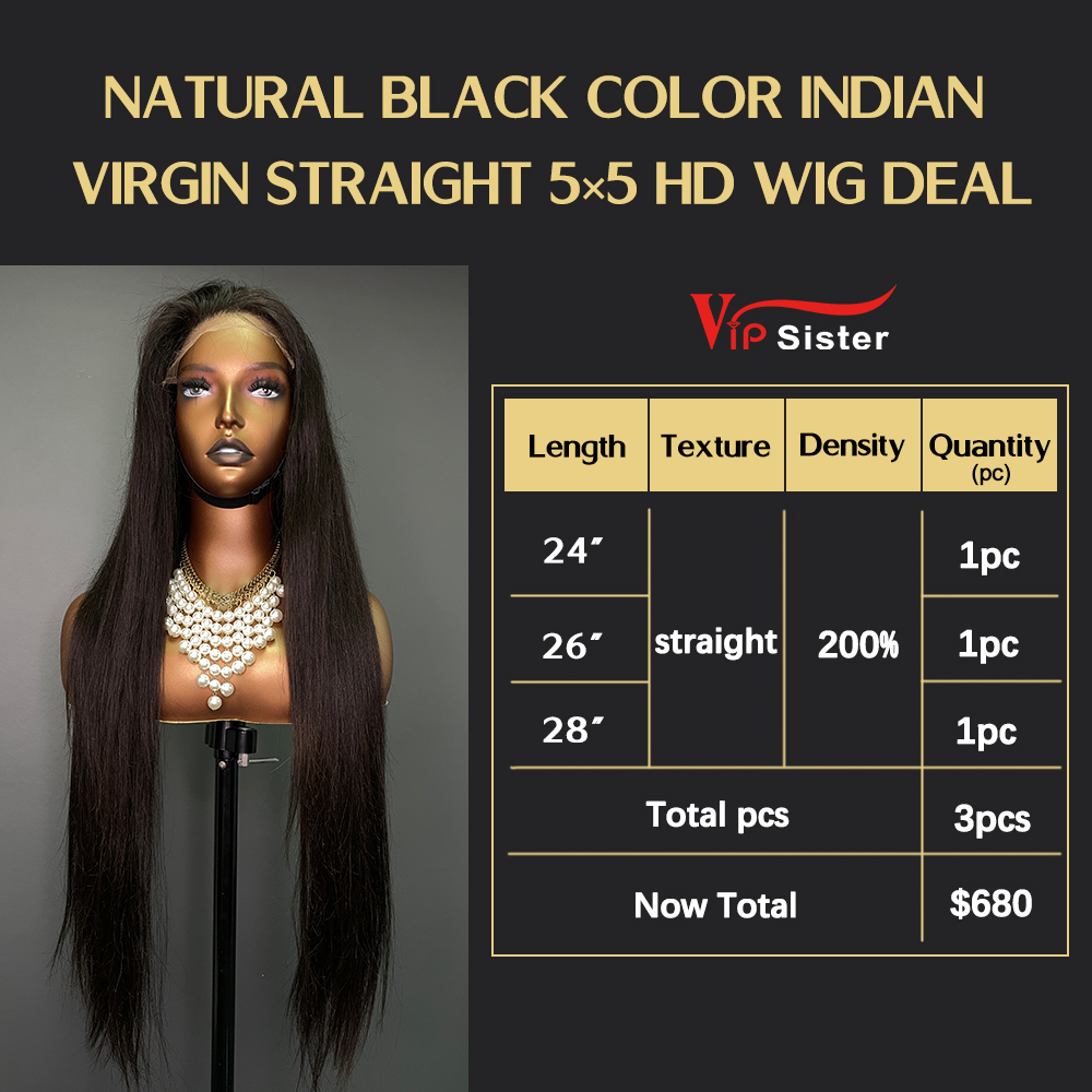 VipSister 3pcs 5X5 HD Closure Lace Virgin Human Hair With Alignted Cuticles  Wig Deal